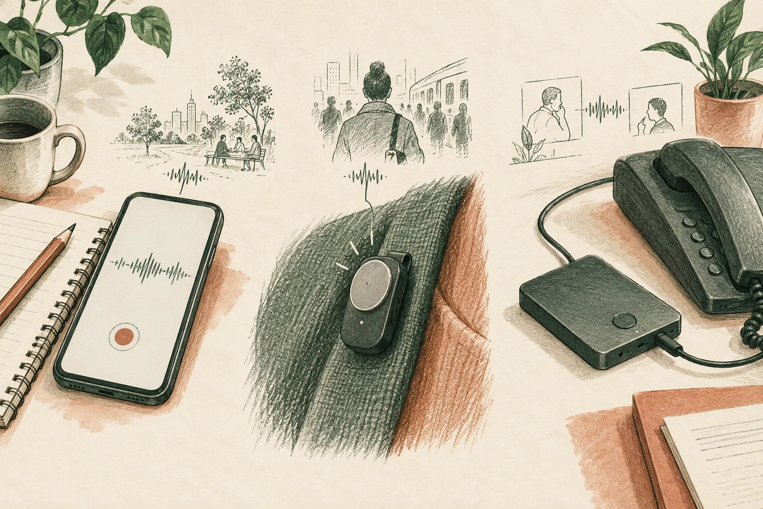 Conceptual sketch comparing a phone, wearable capture, and call recorder